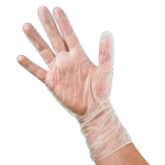 Vinyl Gloves - being worn - translucent colour, hand with fingers slightly spread out