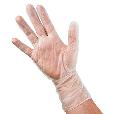 Vinyl Gloves - being worn - translucent colour, hand with fingers slightly spread out