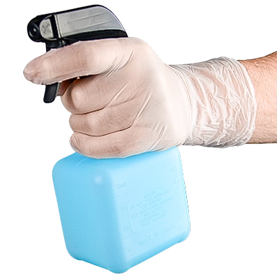 Vinyl Gloves - action shot - translucent colour, holding spray bottle